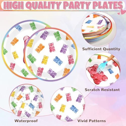96PCS Candy World Party Paper Plates and Napkins Set for Candy Bear Party Paper Plates Disposable Decor Gummy Colorful Candies Bears Parties Set for Kids Sweet Shop Birthday Gatherings Decorations - Image 3