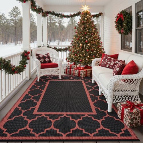 GENIMO Outdoor Rug, Waterproof Plastic Rugs for Patio, 6'x9' Black Red - Image 5