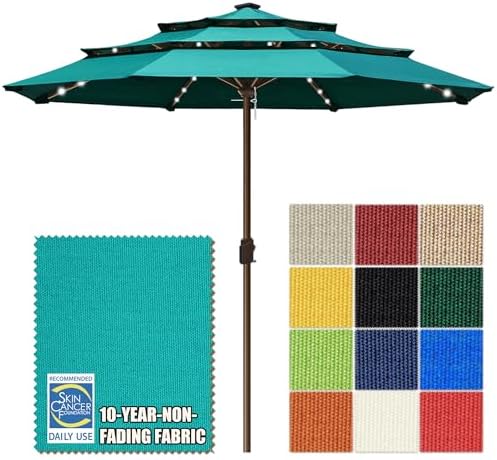EliteShade USA 10-Year-Non-Fading 10ft 3-Tier Market Patio Umbrella, Commercial Table Umbrella with 80 Solar LED Lights, Crank Open, Windproof & UPF 50+ UV Protection for Garden, Deck, Pool, Backyard, No Tilt, Teal by EliteShade