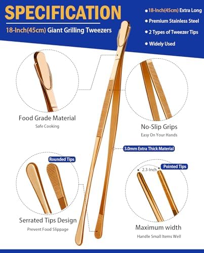 JETKONG 2 Pcs 18 Inch (45cm) Stainless Steel Grill Tongs Heavy Duty Giant Tweezer Tongs, Extra Large Tweezers Tools for Cooking, Grilling, BBQ and Turning Food (Rose Gold) - Image 2