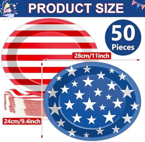 Qyeahkj 50 PCS Patriotic Oval Paper Plates Large 11” Disposable 4th of July American Flag Party Decorations Independence Day Supplies Favor for Veterans Election Day Memorial Day Party Tableware Set - Image 2