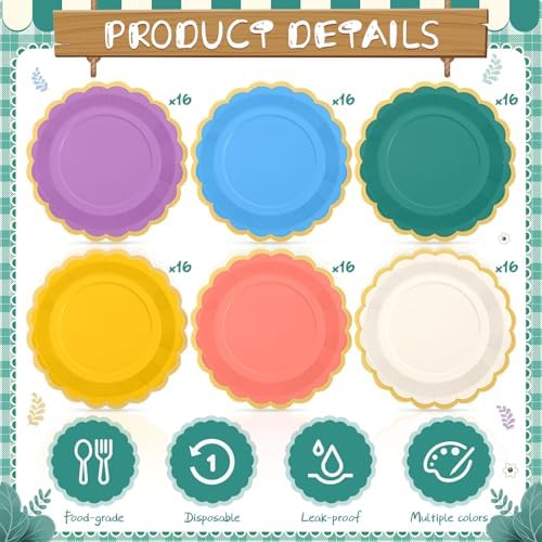 96 Pcs Boho Rainbow Paper Plates 9 Inch Colorful Scalloped Paper Plates Disposable Dinner Dessert for Birthday Wedding Bridal Party Supplies, 6 Colors - Image 3