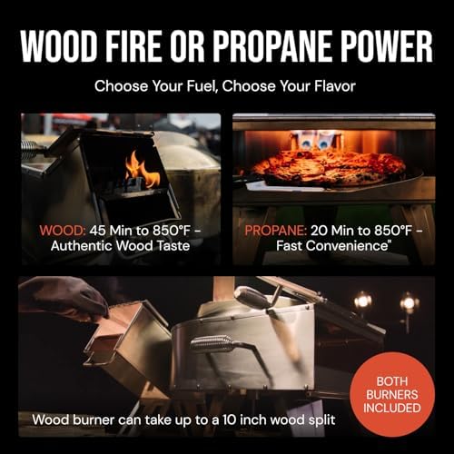 SCORPIO Pizza Oven - Dual Fuel Wood & Propane Portable Outdoor Pizza Oven with 16” Rotating Stone - 90 Second Cook at 850-900°F- Ultra Durable 304 Stainless Steel - Ceramic Viewing Window - Image 3