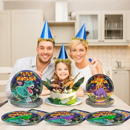 96 Pcs Super Dinosaur Plates and Napkins for Dinosaur Birthday Party Supplies Dino Movie Theme Paper Dessert Plates and Napkins Jungle Dino Tableware Set for Kids Boys 24 Guests Party Decorations - Image 6