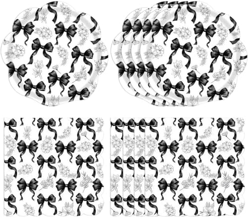40PCS Black Bow Paper Plates and Napkins Set - Disposable Black and White birthday Party Supplies for Girls & Women, Coquette Birthday Supplies for Galentine’s Gatherings/Bridal Showers by Actoridae