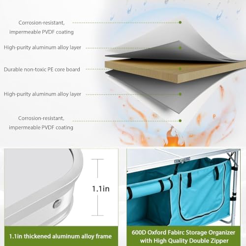 JOUYEK Camping Table, Folding Kitchen Table with Storage Sky Blue - Image 5