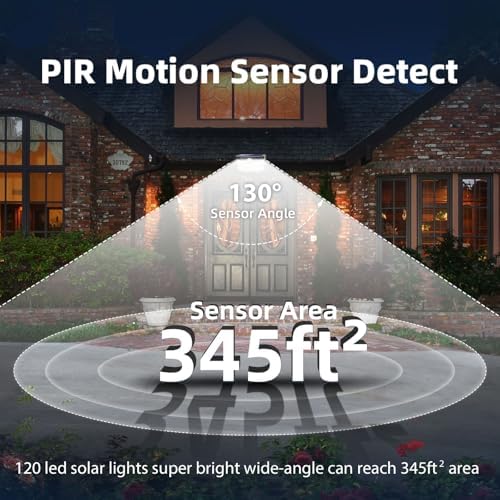 HMCITY 120 LED Outdoor Solar Lights with Motion Sensor and 3 Lighting Modes, IP65 Waterproof Wide Solar Wall Lights Ideal for Garden Patio Yard (Front Button 2Packs, Black Shell-Daylight White) - Image 6