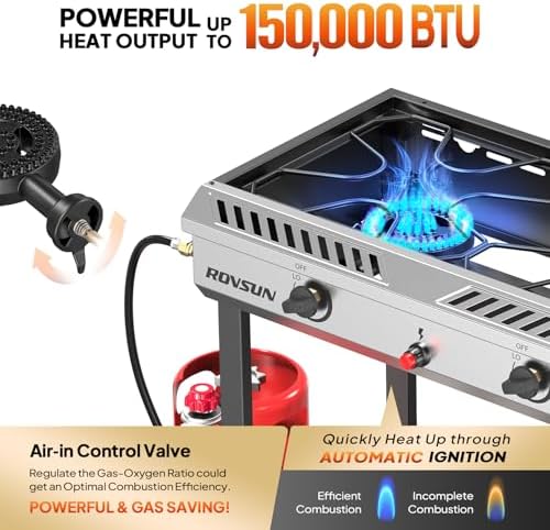 ROVSUN 2 Burner Outdoor Propane Gas Stove with Auto-ignition, Regulator & Shelf, 150,000 BTU Powerful Stand Cooker for Backyard Patio Cooking Home Brewing Canning Turkey Frying - Image 2