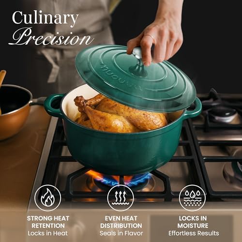 Cast Iron Dutch Oven with Lid - Non-Stick Ovenproof Enamelled Casserole Pot- Sturdy Dutch Oven Cookware - Dark Green, 7.3-Quart, 30cm - by Nuovva - Image 6