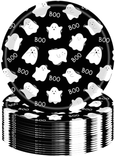 50Pcs Halloween Party Plates Ghost Spooktacular Halloween Paper Plates 7Inch Pumpkin Ghost Plates Black White Boo Paper Plates for Haunted House Themed Boo Pumpkin Birthday Party Decorations (white) by HSPAIDYP