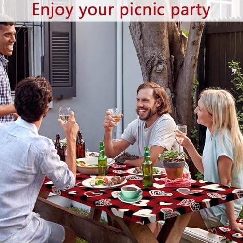 Valentines Day Picnic Table Cover with Bench Covers, Camping Essentials, Heart Buffalo Plaid Outdoor Table Covers, Waterproof Windproof, Fitted Tablecloth Cover with Elastic Edge, 3 PCS, 30x72 Inch - Image 2