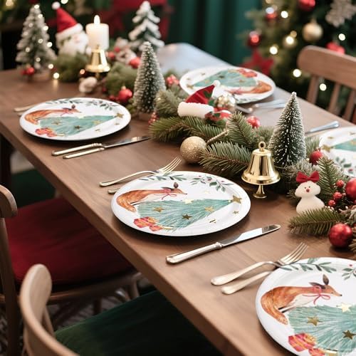 WRAPAHOLIC 25Pcs Christmas Paper Plates - 9 Inch Gold Foil Forest Fox Disposable Plates Decorative Dinner Plates for Christmas Party Tableware Supplies Table Decor - Image 3