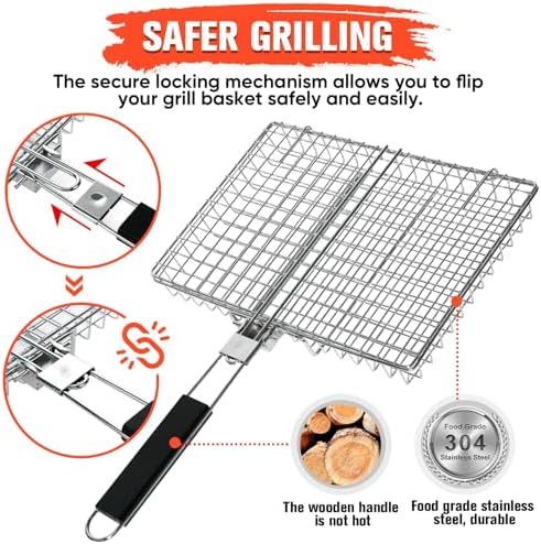 Large Stainless Steel Grilling Basket with Removable Handle – Deep Fish & Vegetable Grill Basket for Outdoor BBQ, Heavy Duty Non-Stick Basket for Gas/Charcoal Grill, Easy to Clean – Gifts for Dad - Image 2