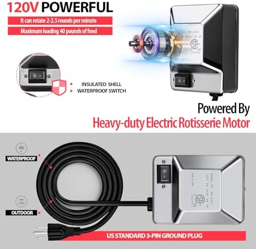 Heavy Duty 110V 4W Grill Electric Rotisserie Motor with Maximum 30lb Load Capacity and On/Off Switch, Universal Stainless Steel BBQ Grill Rotisserie Motor Accessories for Outdoor Rotisserie Cooker - Image 4