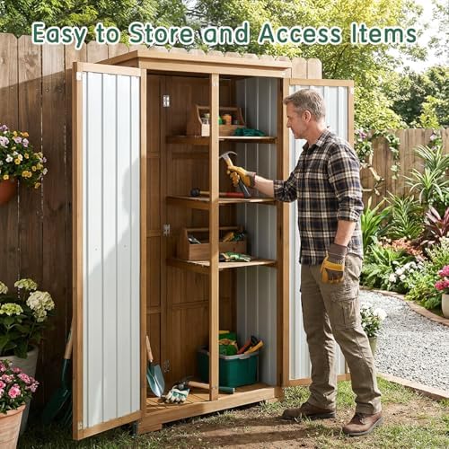 Outdoor Storage Cabinet with Shelf, Wood & Metal Storage Shed with Waterproof Roof & Lockable Doors,Tall Outdoor Cabinets for Patio Backyard, Gardening Tools and Accessories, Brown - Image 3