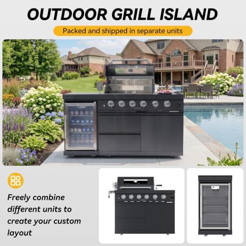 65-Inch 4-Burner 72000 BTU Stainless Steel Outdoor Kitchen Island Propane Gas Grill + Wine Cooler Refrigerator + Rotisserie Kit + Granite Countertops - For Large Backyard Gatherings, Black - Image 5