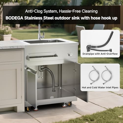 BODEGA Stainless Steel Outdoor Kitchen Sink Cabinet, Outdoor Sink With Hose Hook Up,Single Bowl Kitchen Sinks With Brake Wheels & Spice Rac, All-Weather Use, Mobile Prep Station for BBQ, Camping, RV. - Image 4