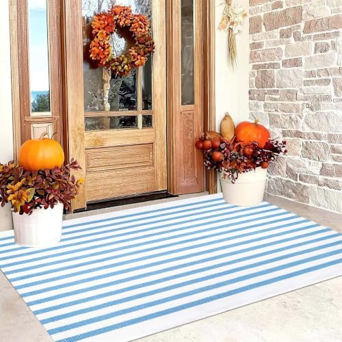 BUAGETUP Outdoor Rug 3'x 5',Light Blue Striped Area Rug Hand-Woven Cotton Washable Rug Indoor/Outdoor Area Rug Floor Mat for Farmhouse Living Room Bedroom - Image 4