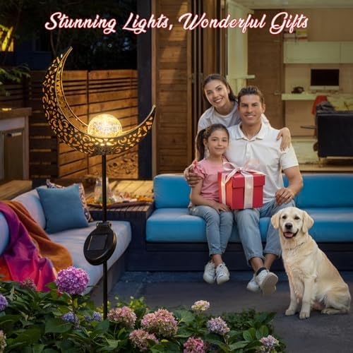 2Pack Moon Garden Gifts Solar Lights Outdoor Stakes Waterproof, Gifts for Mom, Crackle Glass Backyard Decor Balcony Lawn Ornaments, for Women Men Grandma (Bronze) - Image 2