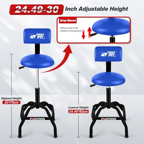Shop Stool with Backrest, Mechanic Garage Stool for Workshop, Adjustable Shop Stools Chair, Padded Workbench Stools for Men Women, 300 LBS Capacity, 360° Swivel PVC Seat, Heavy Duty, Blue - Image 2
