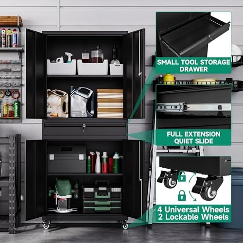 Letaya Metal Garage Storage Cabinet with Wheels,Rolling Tool Cabinet with 4 Door Lock-Adjustable Shelves and 1 Drawer for Garage Home Office Utility Room (Black with Wheels) - Image 6