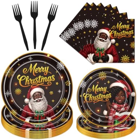 African American Christmas Party Plates Napkins Decorations 96pc by Deorfuy