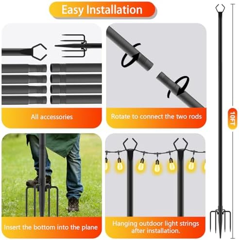 LETIANPAI 8 Pack String Light Poles,10 FT Metal Poles with Fork for Outdoor String Lights,Outdoor Light Poles with Fork,Poles/Post/Stand for Outside - Image 7