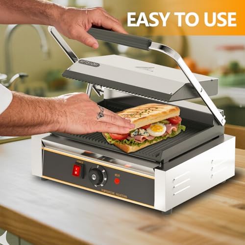 Commercial Panini Press - 2200W Commercial Panini Press Grill w/ 14"x9" Cooking Pan & Adjustable Temp, Commercial Sandwich Press w/Nonstick Coating, Removable Drip Tray, Double-sided Heating - Image 7