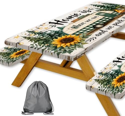 Picnic Table Cover with Bench Covers Camping Essentials Green Checkered RV Forest Sunflower Wooden Outdoor Table Covers with Elastic Waterproof Camping Tablecloth for Indoor & Outdoor 3 PCS 30x96 Inch by Xguatan