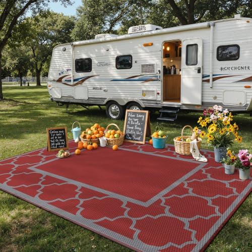 GENIMO Outdoor Rug, Waterproof Plastic Rugs for Patio, 9'x12' Red Grey - Image 3
