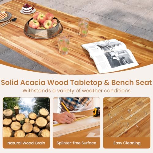 ORALNER Acacia Wood Picnic Table Bench Set w/2“ Umbrella Hole, 6-8 Person - Image 5