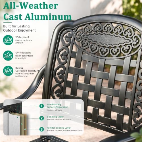 VIVIJASON 5-Piece Patio Furniture Dining Set, All-Weather Cast Aluminum Outdoor Conversation Set, Include 4 Cushioned Chairs and a 35.4" Round Table w/Umbrella Hole, Navy Blue Cushion - Image 5