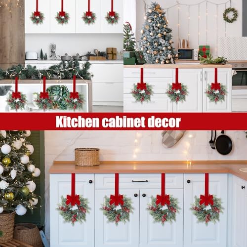Sggvecsy 6 Pcs Christmas Mini Cabinet Wreaths Norfolk Pine Wreath with Ribbon Bows Red Berry Pinecones Artificial Small Kitchen Wreath for Window Front Door Farmhouse Wall Pillars Xmas Decorations - Image 4