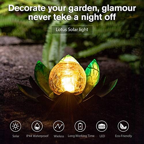 Huaxu Solar Light Outdoor Garden Decor Blue Metal Crackle Globe Glass Waterproof LED Lotus Flower Table Lamp Decorations for Patio Yard Porch Pathway Ground - Image 2