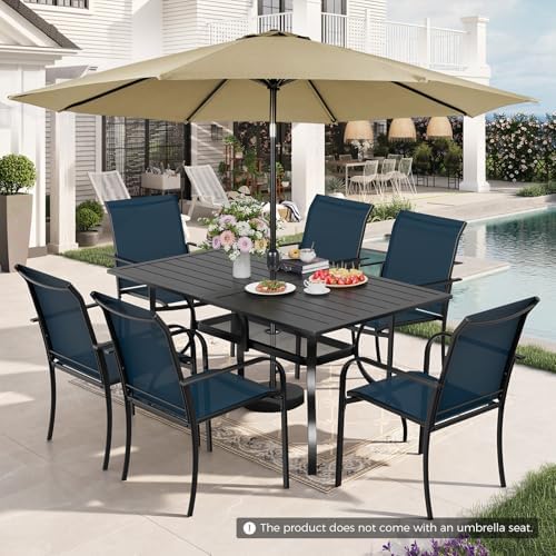 Incbruce 7 Pcs Patio Dining Set, Textilene Chairs and Rectangle Table with Brown Umbrella (Blue) - Image 7