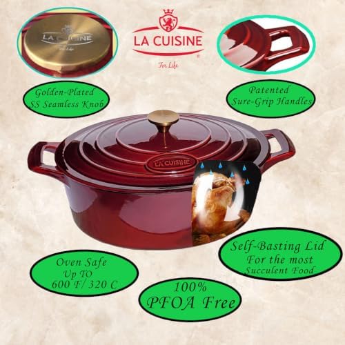 La Cuisine Enameled Cast Iron Oval Dutch Oven Casserole Dish Pot with Lid 6.75 QT Internal Matt Black Enamel Coating Gold-Plated Stainless Steel Lid Handle Oven Safe Cranberry - Image 2