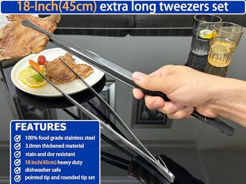 JETKONG 2 Pcs 18 Inch (45cm) Stainless Steel Grill Tongs Heavy Duty Giant Tweezer Tongs, Extra Large Tweezers Tools for Cooking, Grilling, BBQ and Turning Food (Black) - Image 3