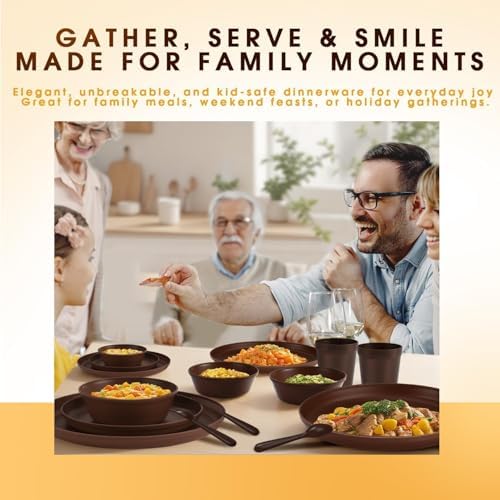 40 Piece Plastic Dinnerware Set for 8 with Cutlery, Unbreakable Plates and Bowls Set, Dishwasher & Microwave Safe Reusable Dish Set for Camping, RV, Outdoor Kitchen, Apartment Dining, Brown - Image 5