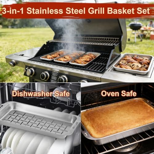 BBQ Vegetable Grill Basket Set, 4 Piece Stainless Steel Grill Pan Set with Universal Handle & lid, Dishwasher Safe, for Outdoor Cooking, Camping, Picnic, For Grilling Fish Veggies & Meats - Image 5