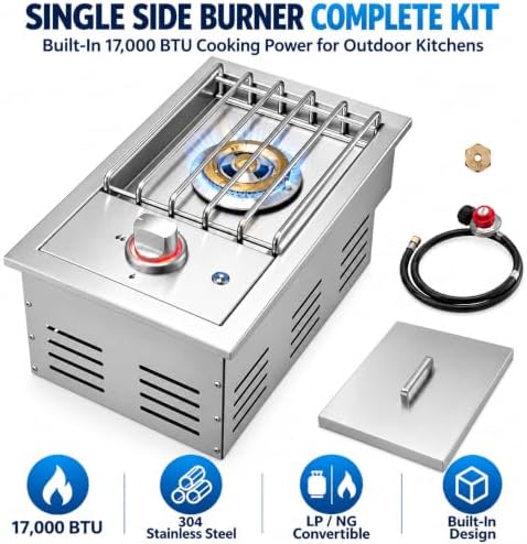 Single Grilling Side Burner with LED for BBQ Grill Island, 17,000 BTU,Liquid Propane Side Burner for Outdoor Kitchen, Convertible to Natural Gas, 304 Stainless Steel - Image 2