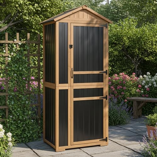 Outdoor Storage Cabinet, Wood & Metal Garden Shed with Waterproof Asphalt Roof, Patio Organizer with 3 Fixed Shelves & Removable Shelf for Long Tools, Lockable Magnetic Doors for Backyard Garage Pool by PETSCOSSET
