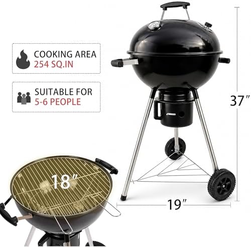18-Inch Kettle Charcoal Grill with Cover, Porcelain-Enameled BBQ Grill with Built-in Thermometer, Adjustable Air Vents, Removable Ash Catcher, Wheels for Backyard BBQ, Patio & Outdoor Cooking - Image 6