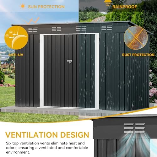 DWVO 9x4ft Large Tool Storage Shed with Lockable Doors, and Sloped Roof, Oversized Steel Outdoor Storage Shed for Garden, Patio, Garage, Backyard, Lawn - Dark Gray - Image 6