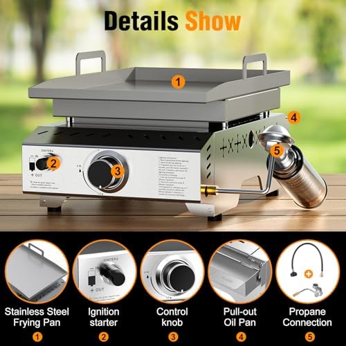 Electactic Stainless Steel Tabletop Grill,18 Inch Portable Propane Grill Griddle with Handle,8000 BTU Flat Top Grill for Camping, Outdoor & Tailgating Barbecue - Image 2