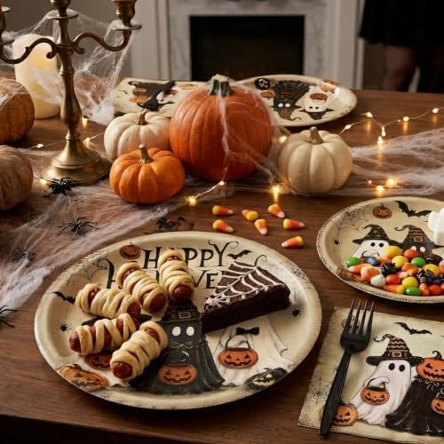 96 Pieces Halloween Tableware Set – Ghost Disposable Plates, Napkins, and Black Forks for Halloween Party, Haunted House, Trick or Treat and Spooky Celebrations – Serves 24 Guests - Image 6