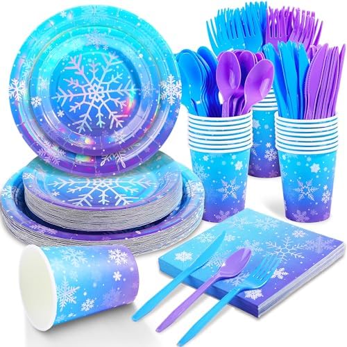 Kochorie 175 Pieces Frozen Iridescent Winter Snowflake birthday Party Supplies Frozen Disposable Party Tableware Set Paper Plates Napkins Cups for Christmas Winter Wonderland Decorations, Serve 25 by Kochorie