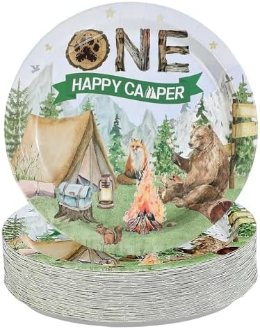 50Pcs Camping One Paper Plates Camper Themed 9" Dessert Plates Disposable One Happy Birthday Camper Theme Party Decorations for Boys Adventure Camping Theme Party 1st Birthday Party Supplies by Greencian