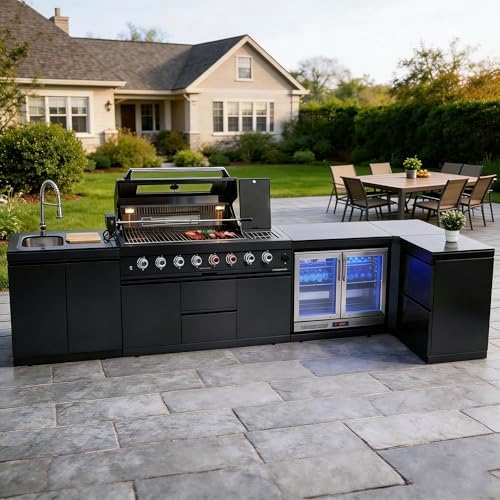 153-Inch 6-Burner Propane Gas L-Shaped Outdoor Kitchen Island Grill with 96000 BTU, 304 SS Construction, Wine Cooler, Rotisserie, Granite Countertops for Backyard Entertaining, Black by Dvasovio