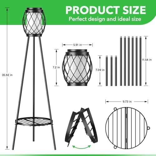 MXwcy 2-in-1 Solar Lights Outdoor with Plant Stand, Waterproof Vintage Solar Floor Lamp & Metal Planter Holder, Tall Geometric Lantern Tripod for Patio, Garden, Yard, Porch Decor (2 Pack) - Image 4