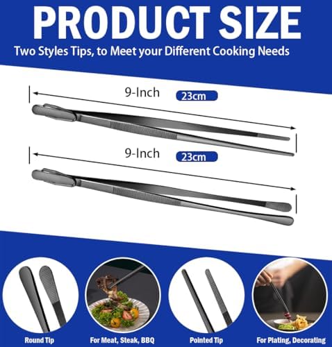 JETKONG 2 Pcs 9-Inch Food Tweezer Tongs, Stainless Steel Kitchen Tweezer Cooking Tweezers (Black) - Image 3